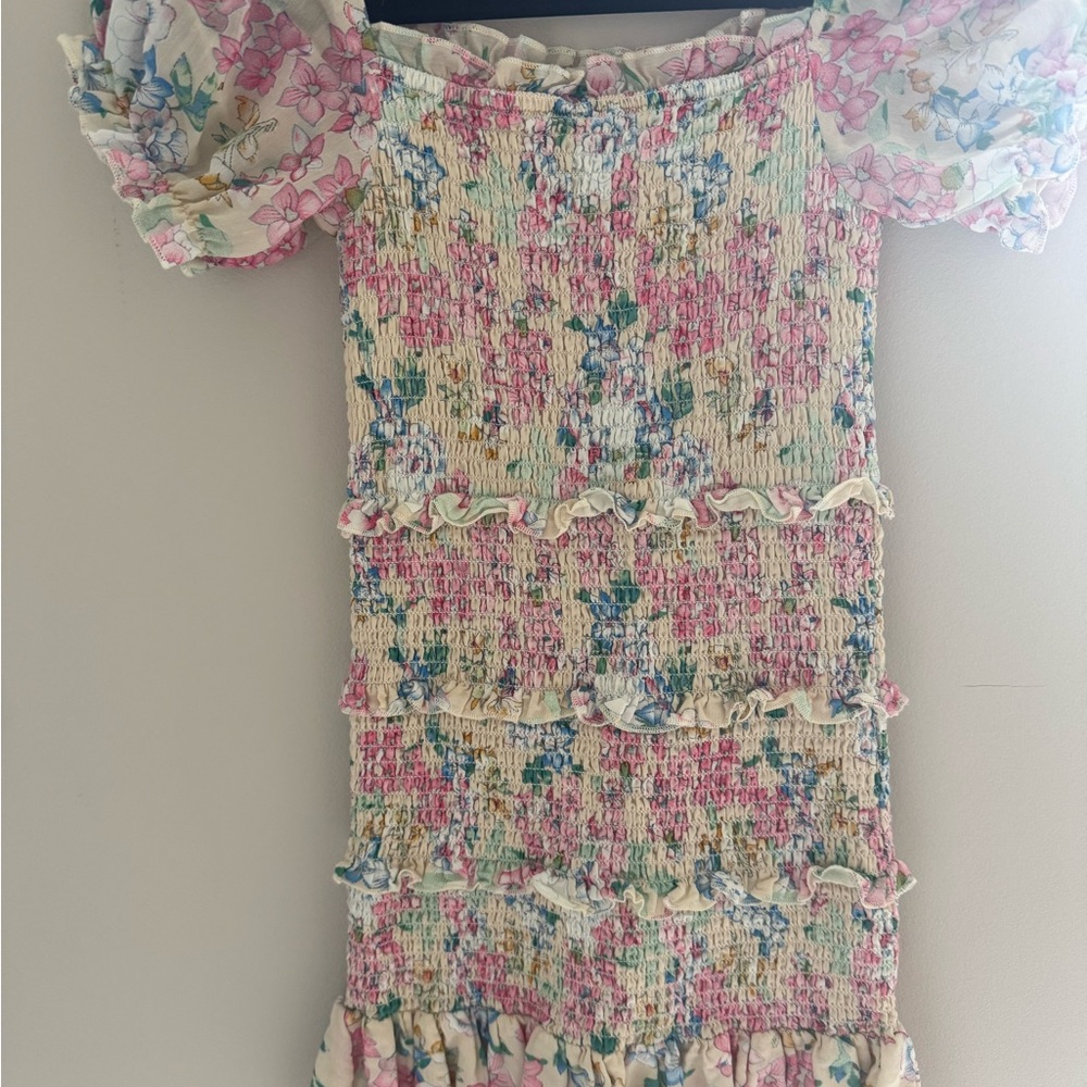 Katie J NYC Pastel Floral Smocked Dress in Cream, Pink, Blue, Green - Picture 3 of 3
